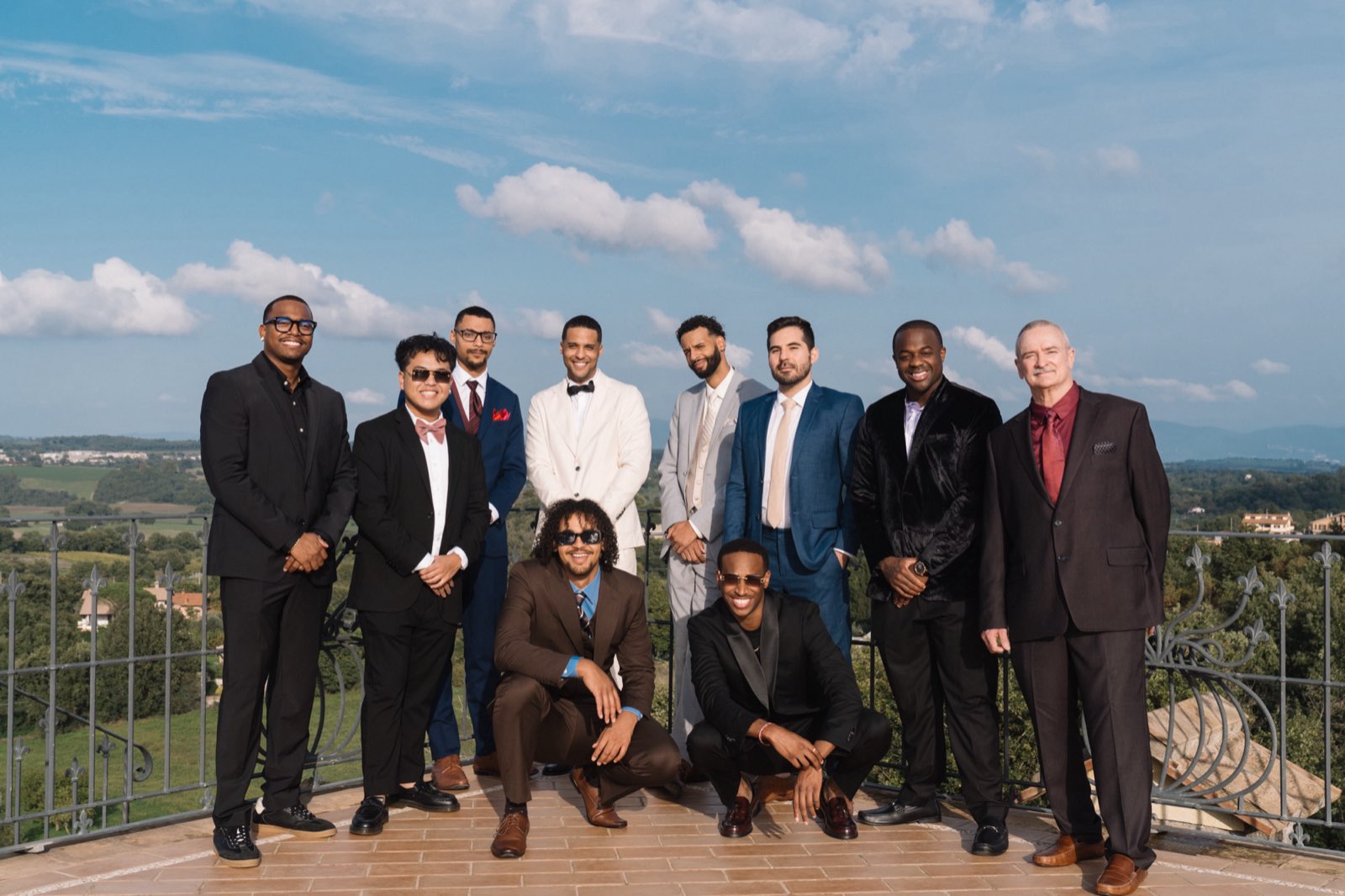 Wedding, groomsmen group, Tuscan balcony